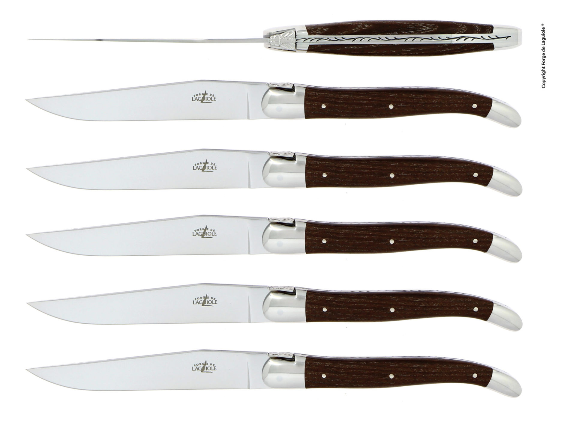 Laguiole Steakmesser Set mit Griff aus dunklem Holz, 6-teilig – hochwertige Edelstahlklingen 6-teiliges Laguiole Steakmesser Set mit Griffen aus dunklem Holz und Edelstahlklinge in eleganter Anordnung