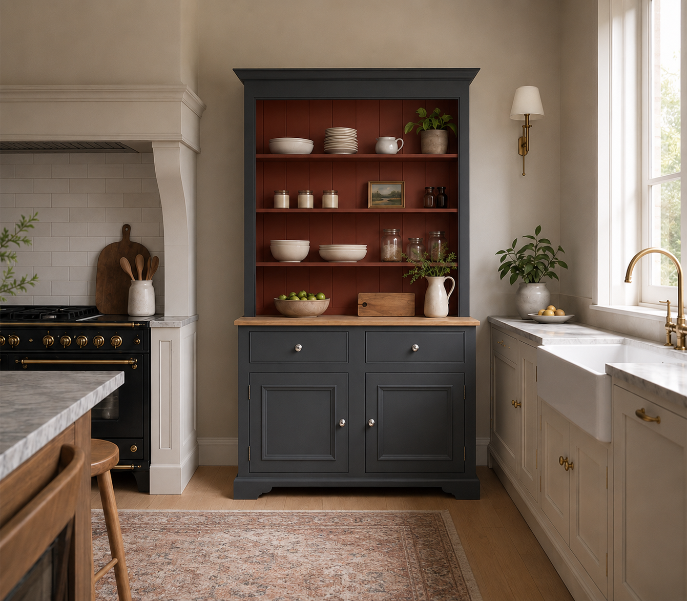 Küchenbuffet in Dunkelgrau mit terrakottafarbener Rückwand, offenen Regalen und Unterschränken; dekoriert mit Schalen, Gläsern und Pflanzen in heller Landhausküche mit Marmorspüle und Messingarmatur