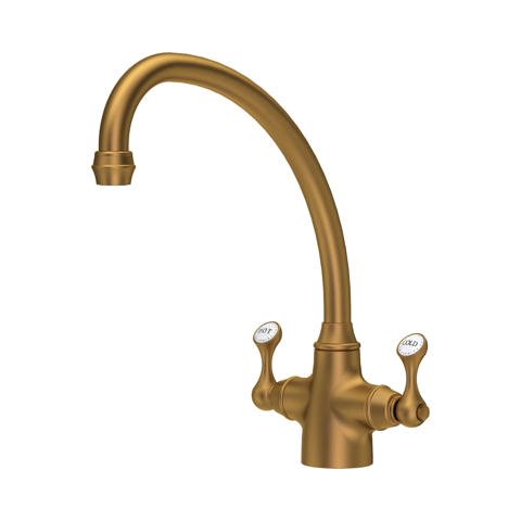 Retro-Zweigriff Küchenarmatur in Antik-Messing, Hot/Cold-Bedienung, hoher gebogener Auslauf für die Küchenspüle