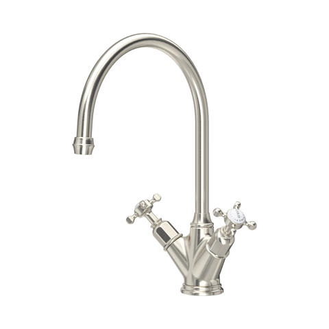 Klassische Zweigriff-Küchenarmatur mit hohem Schwanenhals, Oberfläche gebürstetes Nickel; Mischbatterie für Warm- und Kaltwasser, ideal für Spülbecken