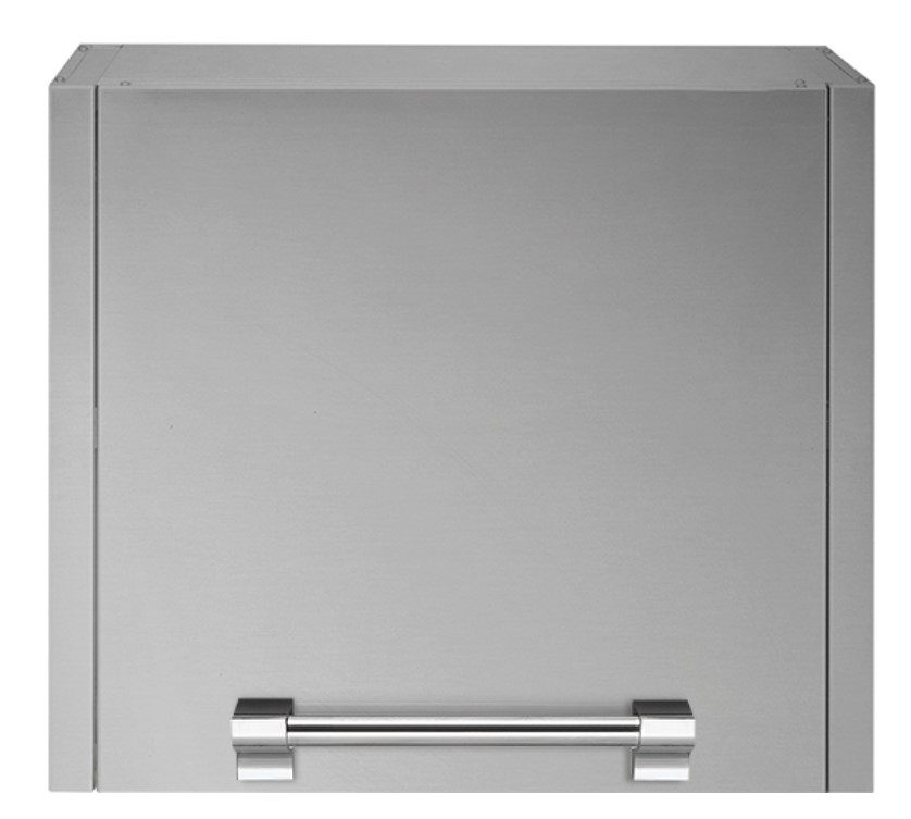 Edelstahl-Aufbewahrungsschrank mit Tür und Griff, modernes Design für Outdoor-Küche oder Hausgebrauch Vorderansicht eines quadratischen Schranks aus Edelstahl mit Griff, geeignet als Aufbewahrungslösung für Küche oder Garten