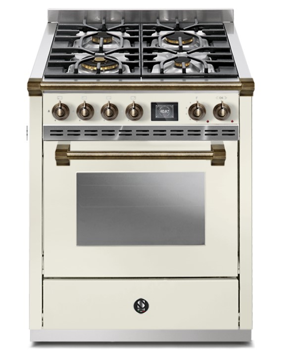Standherd mit vier Gas-Kochfeldern und Backofen, Gehäuse in Cremefarbe, abgebildet von vorne