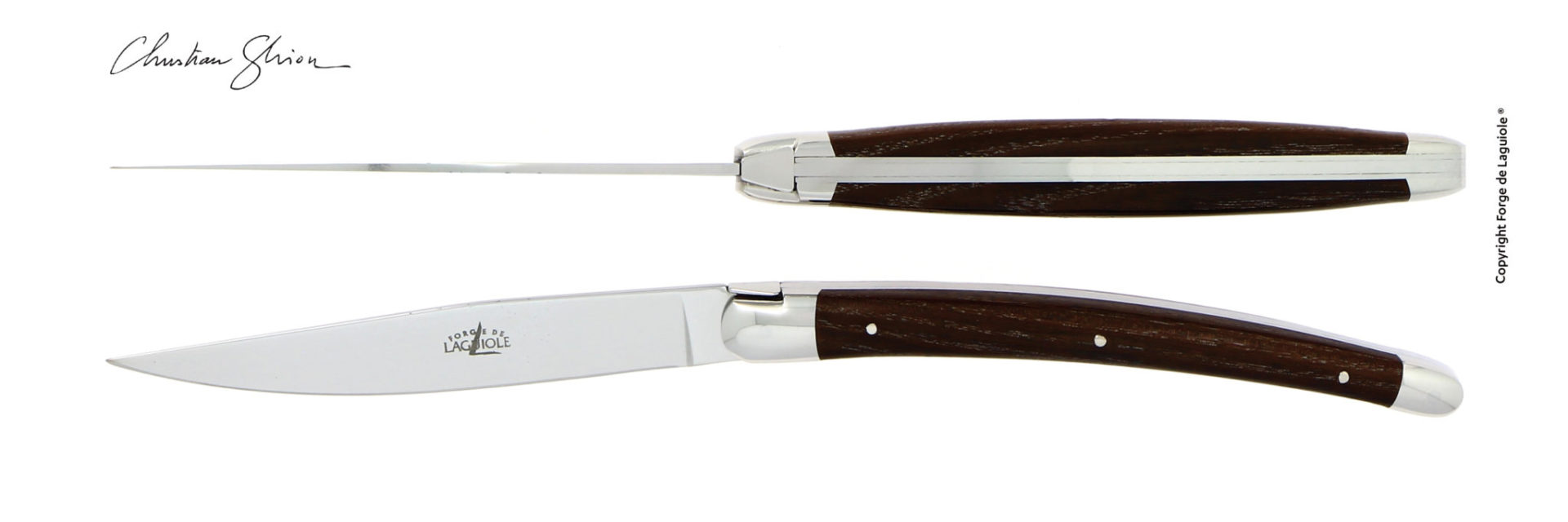 Laguiole Steakmesser mit dunklem Holzgriff, handgefertigt von Forge de Laguiole, hochwertiger Edelstahl Abgebildet ist ein exklusives Laguiole Steakmesser mit Holzgriff und Edelstahlklinge, handgefertigt von Forge de Laguiole