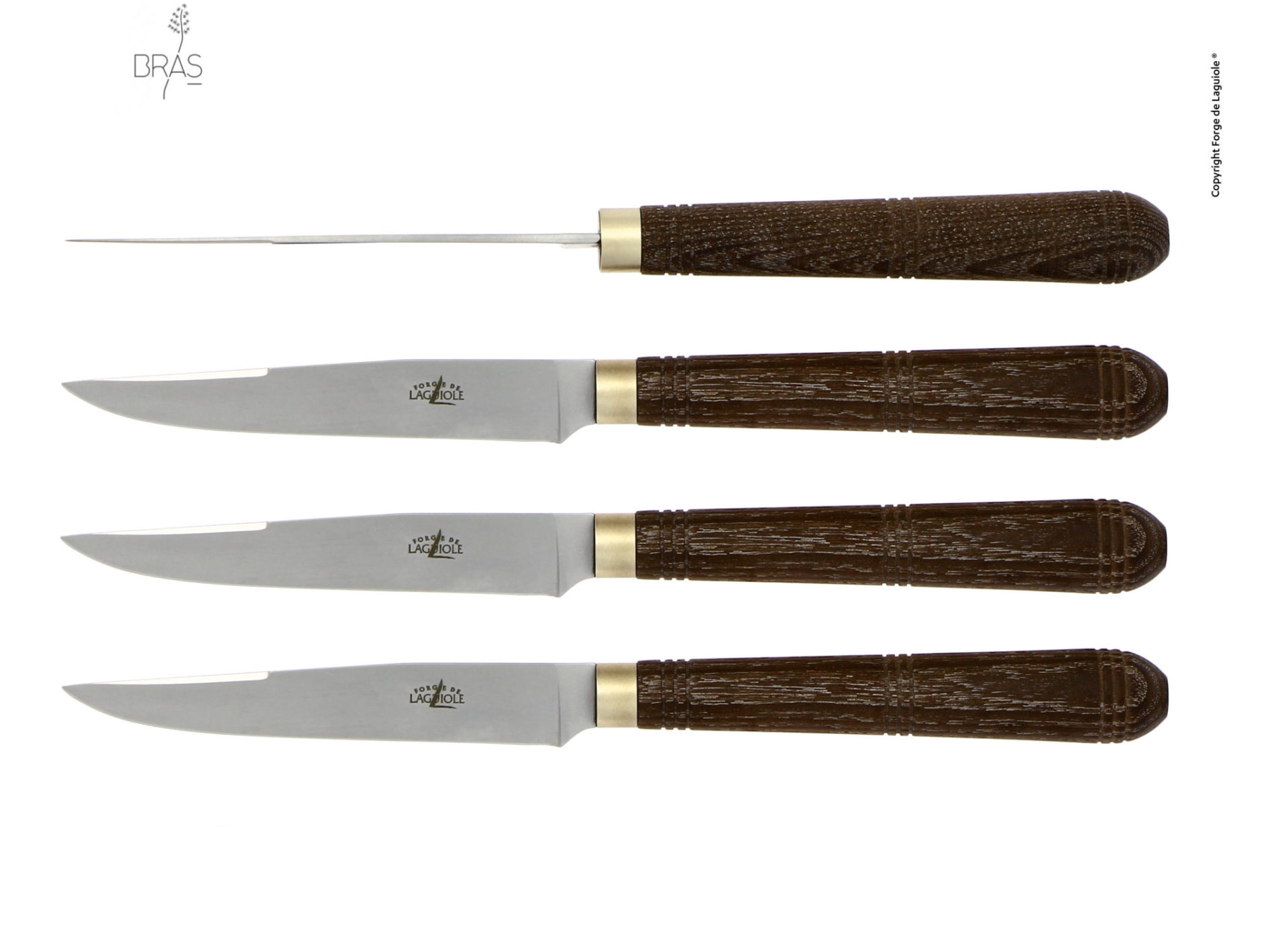 Forge de Laguiole Steakmesser Set mit Holzgriff – 4-teilig – hochwertige Messer für Fleischliebhaber Vier Forge de Laguiole Steakmesser mit Edelstahlklinge und elegantem dunklem Holzgriff, nebeneinander angeordnet