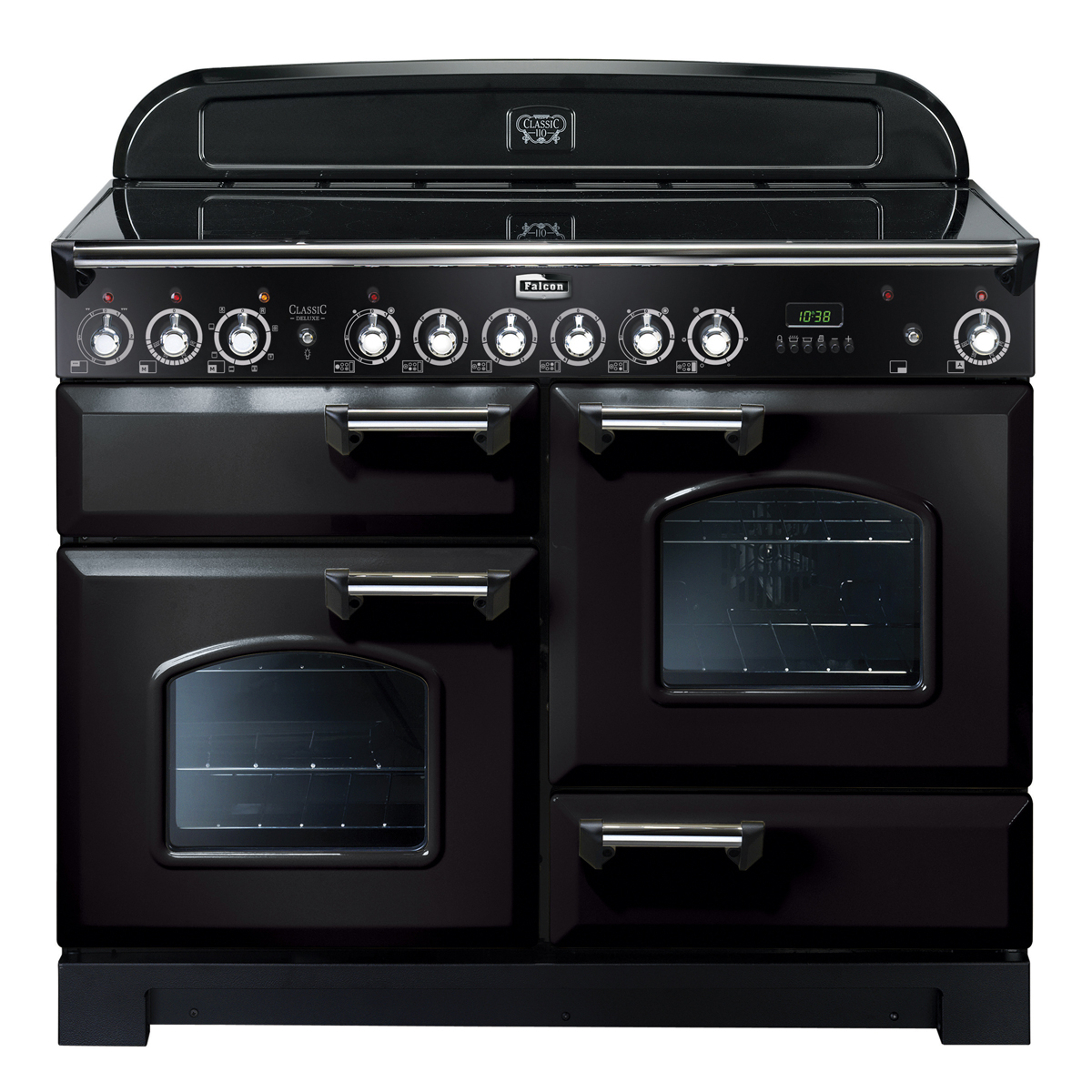 Schwarzer Falcon Classic Deluxe 110 Induktionsherd mit vier Backofentüren, Kontrollknöpfen und Digitalanzeige