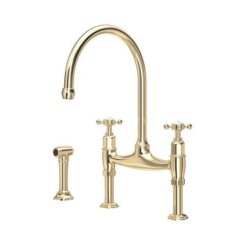 Goldene Zweigriff-Küchenarmatur aus Messing mit hohem Schwanenhals-Auslauf und separater Seitendusche; klassische Bridge-Armatur für den Spültisch