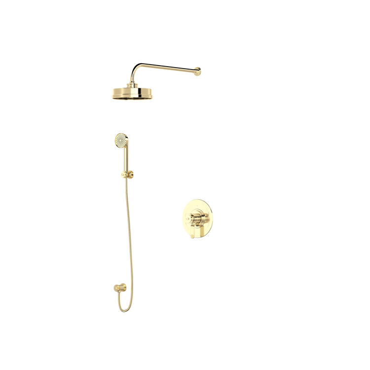 Elegantes Duschset aus poliertem Messing: runde Kopfbrause mit Wandarm, Handbrause mit Schlauch und Wandhalter, inkl. Mischer – luxuriöse Badarmatur im Vintage-Stil