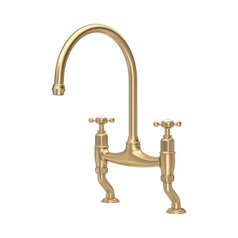 Zweigriff-Küchenarmatur im Retro-Design, gebürstetes Messing/Gold, Brückenarmatur mit hohem geschwungenem Schwenkauslauf; ideal für Spülbecken, klassische Optik