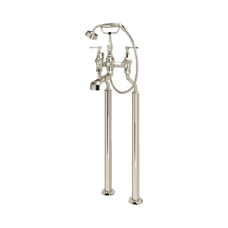 Perrin & Rowe Deco 3120/1: freistehende Badewannenarmatur mit Handbrause, schlanken Standbeinen und klassischen Hebelgriffen – elegante Armatur der Deco Kollektion für hochwertige Badezimmer