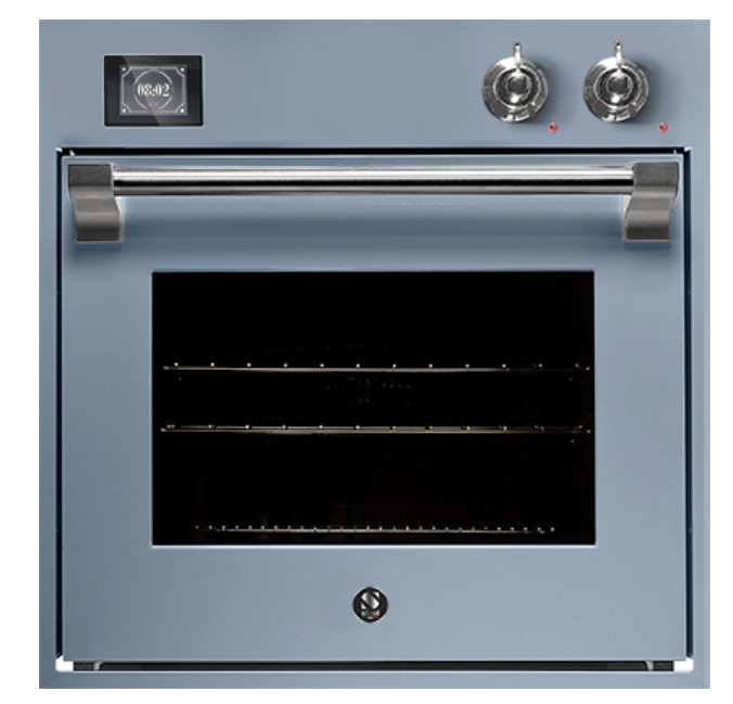 Frontansicht eines modernen Einbaubackofens aus Edelstahl mit Glastür, seitlichem Griff und digitaler Uhr