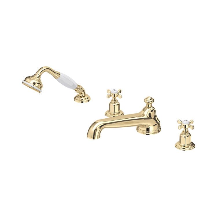 Perrin & Rowe Traditional 3738 4-Loch-Badewannenarmatur mit Kreuzgriffen und Handbrause in Gold