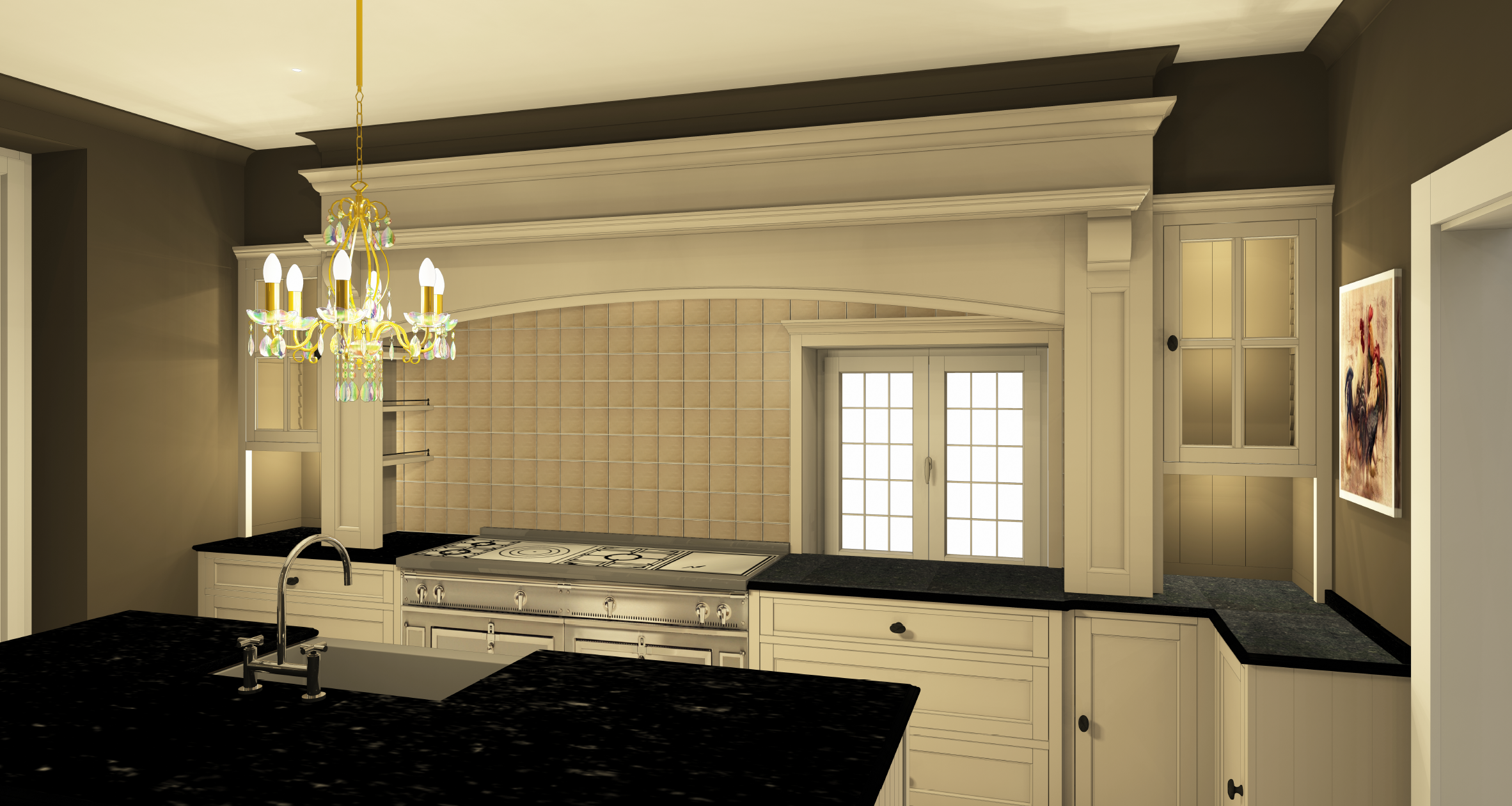 Elegante Landhausküche mit schwarzer Arbeitsplatte und Kronleuchter Moderne Landhausküche mit cremefarbenen Schränken, schwarzer Arbeitsplatte, Kronleuchter und großen Fenstern