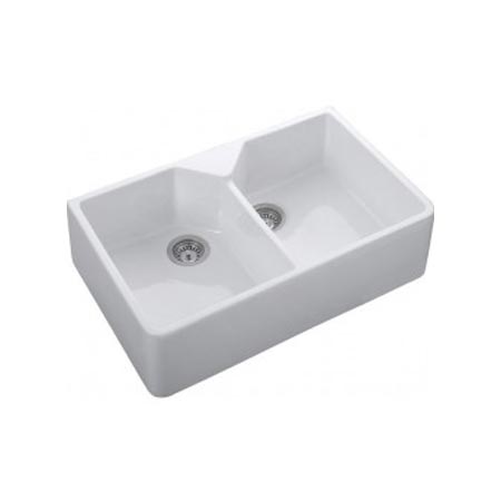 Doppelspülbecken aus Keramik in Weiß für die Küche Weiße Doppelspüle aus Keramik mit zwei getrennten Becken, ideal für Küchen