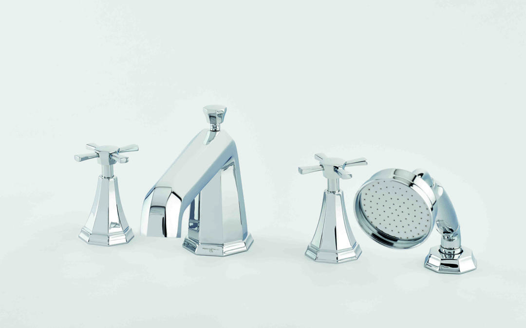 Perrin & Rowe Deco 3149 4-Loch Wannenarmatur mit Kreuzkopfgriffen und Handbrause