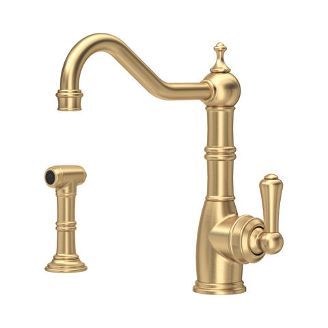 Elegante Küchenarmatur im Vintage-Design, Messing/Gold, hoher Schwanenhals, Einhebelmischer, inkl. separatem Seitensprühkopf – ideal für die Küche