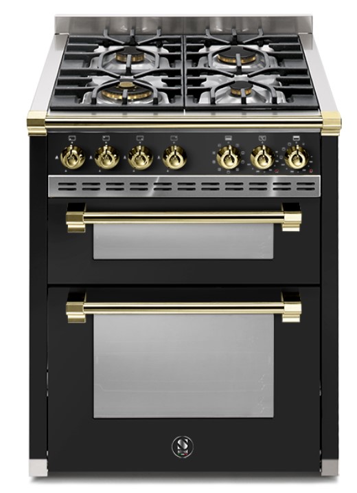 Standherd in Schwarz mit vier Gas-Kochfeldern und zwei Backöfen, ausgestattet mit goldfarbenen Bedienelementen und Griffen