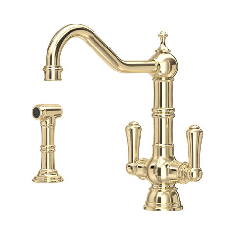 Hochwertige Küchenarmatur aus poliertem Messing im Vintage-Stil, Zweigriff-Mischer mit hohem Schwenkauslauf und separatem Handsprühkopf, ideal für das Spülbecken