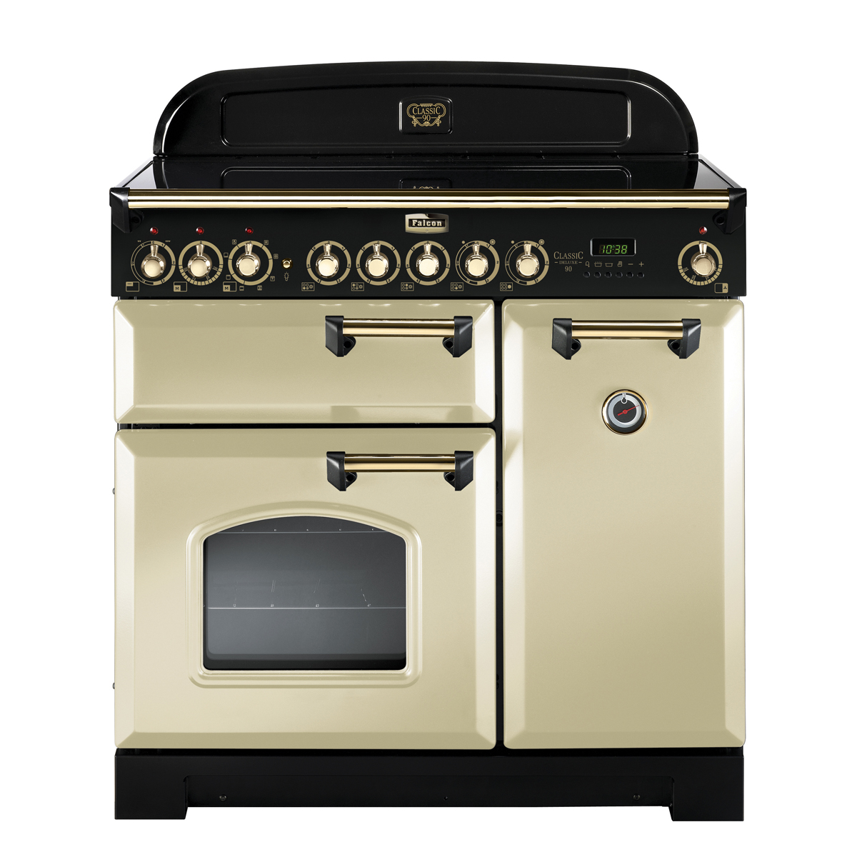 Falcon Classic Deluxe 110 cremefarbener Standherd mit mehreren Backöfen und Gasherd, Retro-Design Falcon Classic Deluxe 110 Standherd in Creme mit schwarzen und goldenen Akzenten, mehrere Backöfen und Gasherd im Retro-Stil
