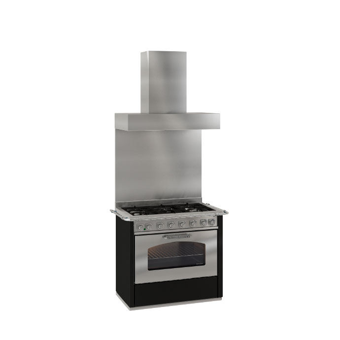 Moderner Edelstahl-Gasherd mit Backofen und Dunstabzugshaube für die Küche Hochwertiger Gasherd mit integriertem Backofen und passender Edelstahl-Dunstabzugshaube, freistehend