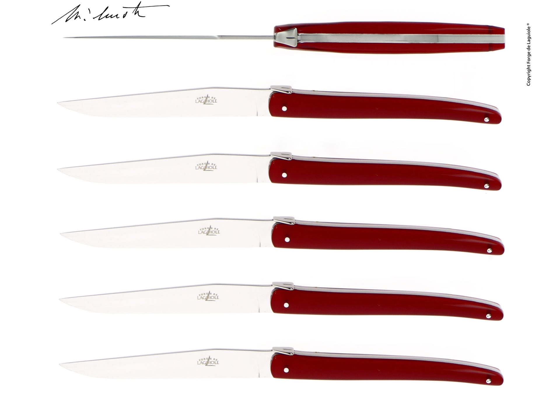 Laguiole Steakmesser Set mit roten Griffen, 6-teilig – hochwertige Edelstahlmesser Sechs Laguiole Steakmesser mit roten Griffen aus Edelstahl, ideal für Fleischgerichte und stilvolles Servieren