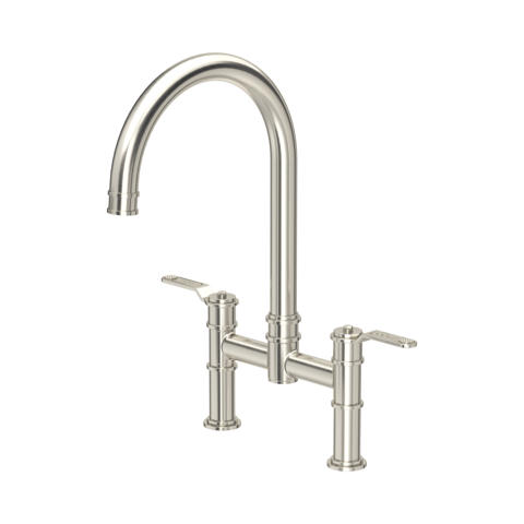 Zweigriff-Küchenarmatur im Brückenstil mit hohem Schwanenhals-Auslauf in gebürstetem Edelstahl, für Spülbeckenmontage