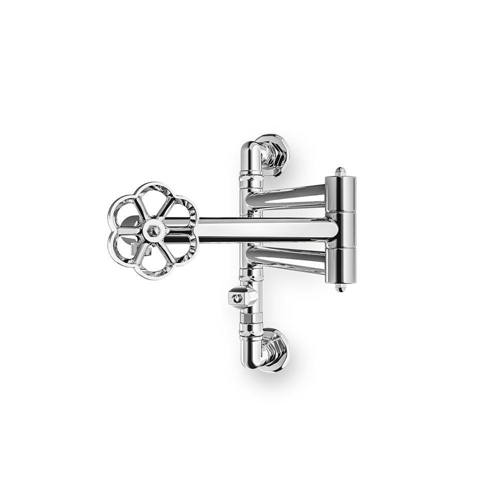 Wandarmatur aus verchromtem Metall mit nostalgischem Design Silberne Wandarmatur mit klassisch geformtem Drehgriff und glänzender Oberfläche