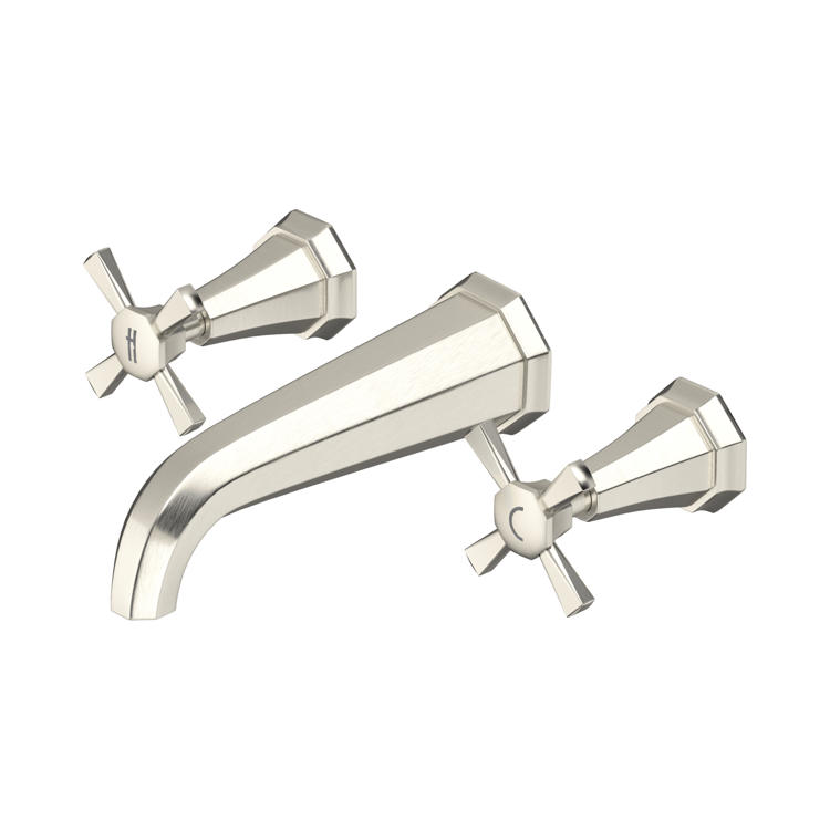 3-teilige Wand-Waschtischarmatur: Auslauf mit zwei Kreuzgriffen für Warm/Kalt, klassisches Design, Oberfläche gebürstetes Nickel