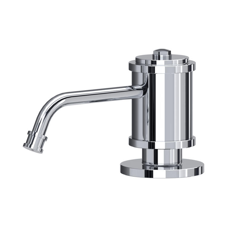 Chrom Einbau-Seifenspender für Küche oder Bad, runder Pumpkopf mit gebogenem Auslauf; hochwertige Seifenpumpe für Spülbecken/Waschbecken