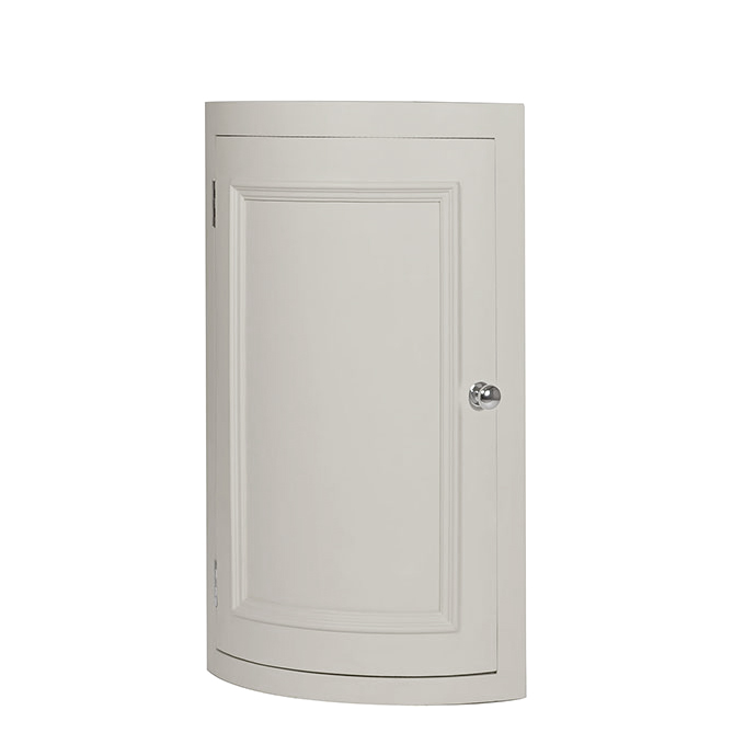 Cremfarbener Eckhängeschrank aus Holz mit Tür und rundem Griff Eckhängeschrank in Creme, aus Holz gefertigt, mit einer Tür und rundem Metallgriff – ideal für Badezimmer oder Küche