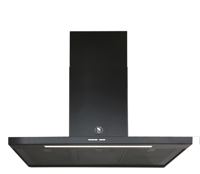 Schwarze Dunstabzugshaube mit geradlinigem Design und eingebauter LED-Beleuchtung