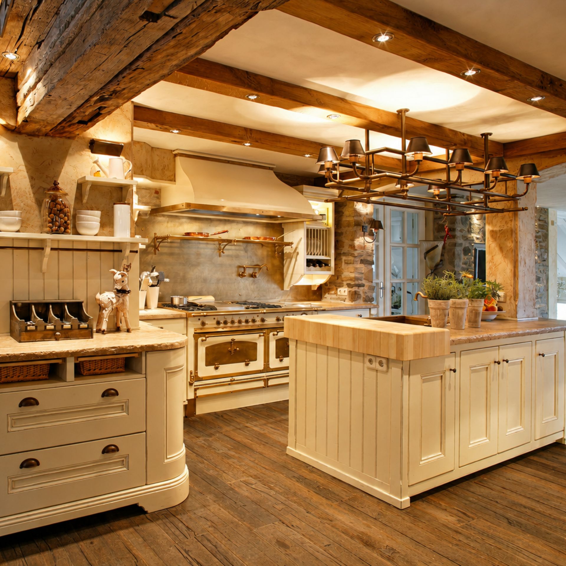 Hochwertige Landhausküche in Creme mit Massivholz-Kücheninsel, großem Gasherd, Kupferleuchte, offenen Regalen und Holzarbeitsplatte – ideal für Küchenmöbel im rustikalen Stil