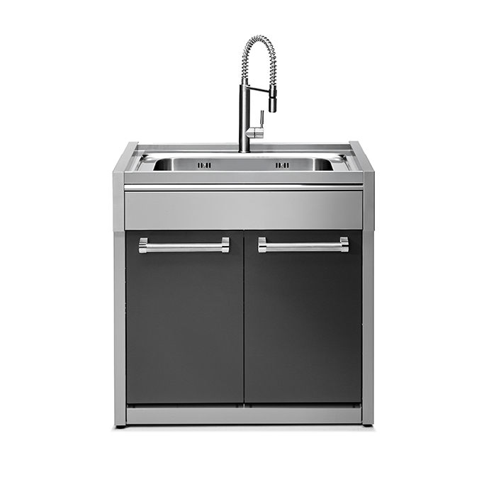 Edelstahlspüle mit Unterschrank und moderner Armatur für Küche Moderne Spüle aus Edelstahl mit Unterschrank, zwei Türen und flexibler Armatur, für die Küche geeignet