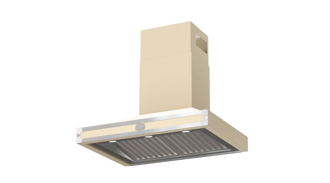 Cremefarbene Kaminhaube für die Küche, 90 cm breit, Edelstahlakzente, Metallfettfilter (Baffle), starke Absaugung, LED-Spots; geeignet für Abluft und Umluft – hochwertige Dunstabzugshaube im Retro-Look
