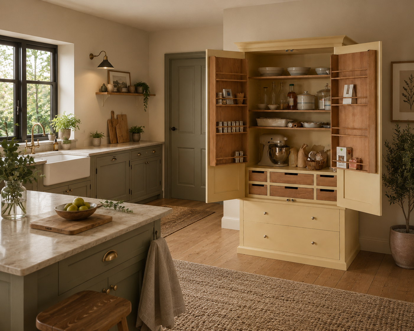 Offener gelber Küchen-Vorratsschrank aus Holz mit Innenregalen, Gewürzhaltern und Schubladen, bestückt mit Geschirr und Küchenmaschine; harmoniert mit grünen Shaker-Schränken und Stein-Arbeitsplatte in gemütlicher Landhausküche