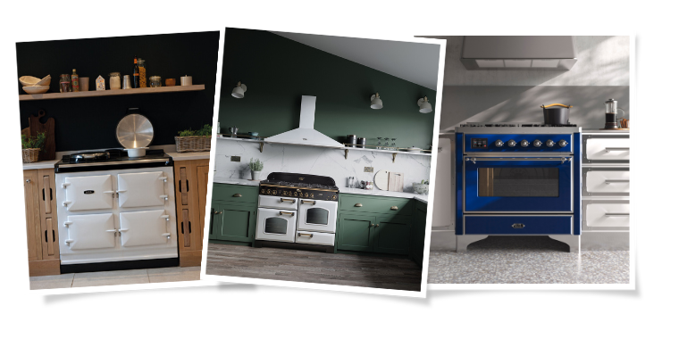 Exklusive Herde in verschiedenen Designs und Farben für jede Küche Drei verschiedene Küchenherde: klassischer weißer Herd mit Holzelementen, moderner Herd mit grünem Schrank und edler blauer Herd in stilvollem Ambiente