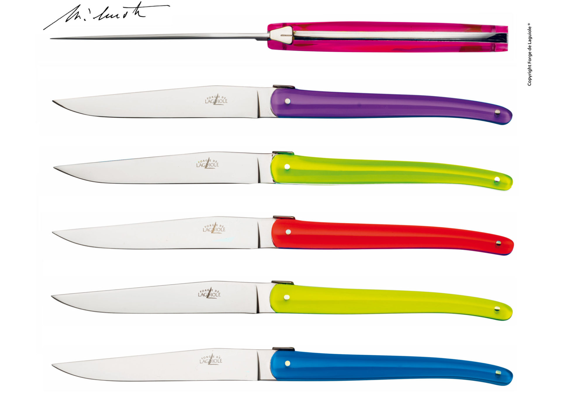 Set aus fünf bunten Steakmessern von Forge de Laguiole mit Edelstahlklingen und farbigen Griffen Fünf Steakmesser der Marke Forge de Laguiole mit Griffen in Pink, Lila, Grün, Rot und Blau nebeneinander angeordnet