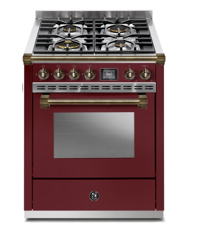 Bordeaux-roter Standherd mit vier Gas-Kochfeldern, Messing-Bedienelementen und einem großen Backofen, klassisches Design