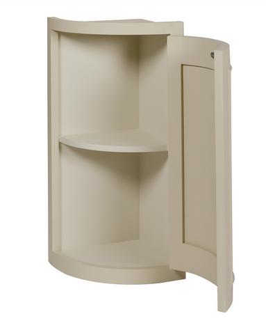Eckschrank aus Holz mit offener Tür und zwei Fächern, cremefarben Cremefarbener Holz-Eckschrank mit zwei Fächern und geöffneter Tür, geeignet für Badezimmer oder Küche