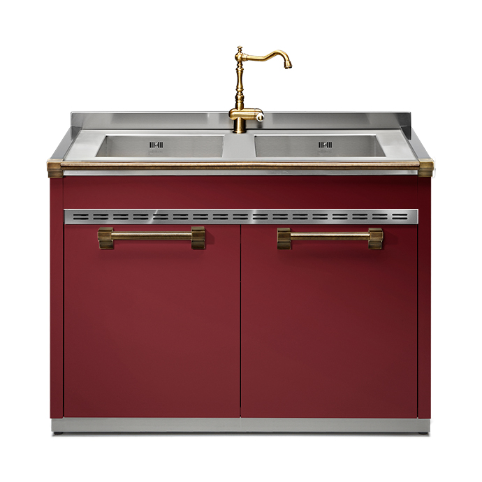 Rote Küchenzeile mit Doppelspüle und goldfarbener Armatur – stilvolles Küchendesign Rote Küchenzeile mit zwei Edelstahlspülen und goldfarbener Wasserhahn, modernes und elegantes Design