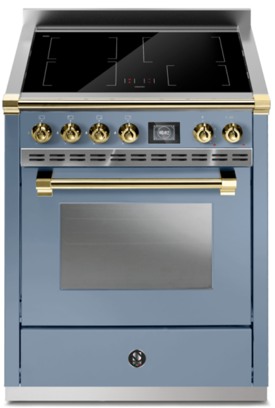 Freistehender Induktionsherd mit Backofen, blau-gold
