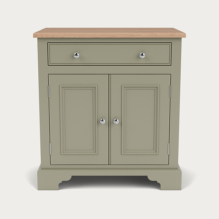Salbeigrüne Kommode mit Eichenplatte, 1 Schublade und 2 Türen, Metallknöpfe im Landhausstil – ideal als Sideboard für Flur oder Wohnzimmer