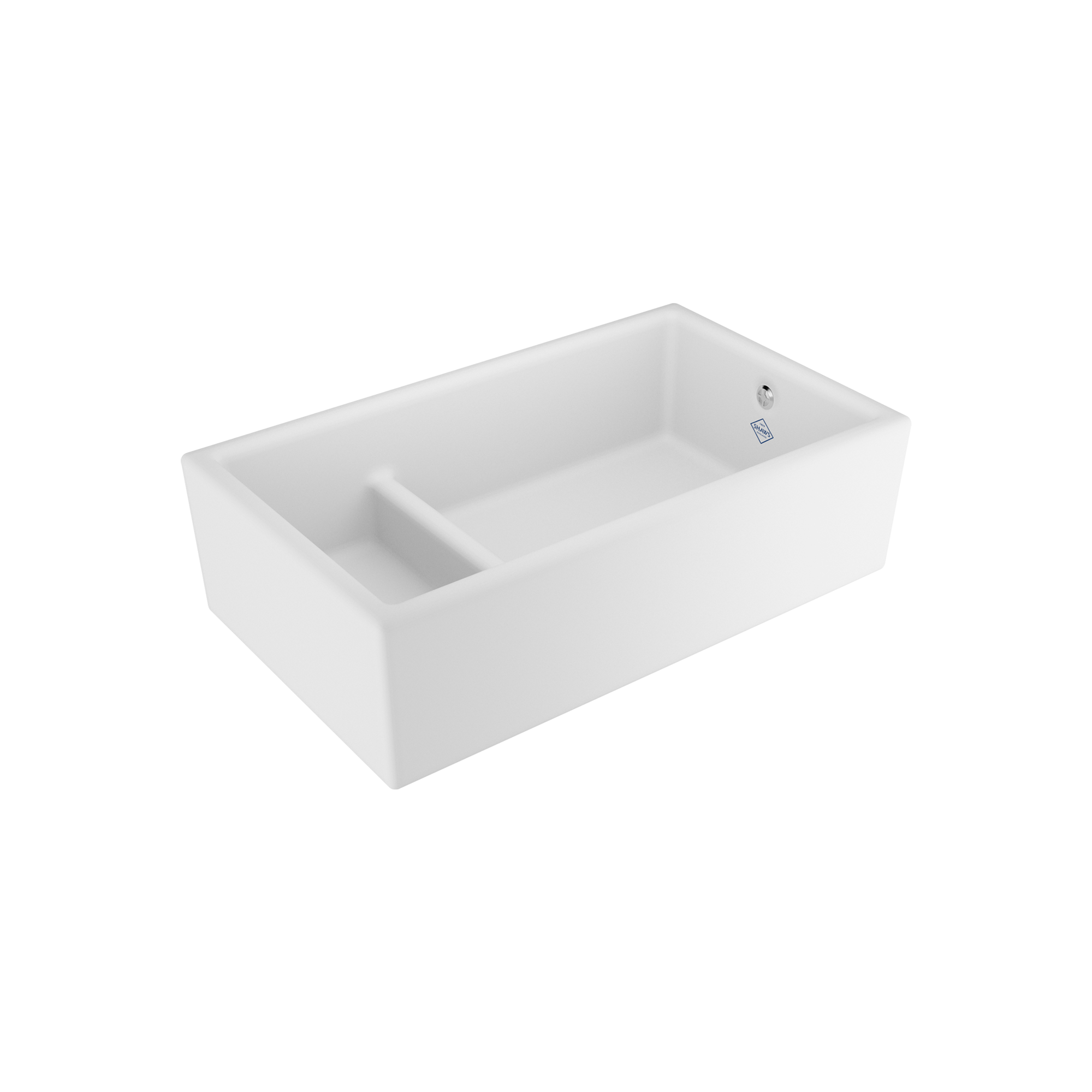 Rechteckige weiße Keramik-Küchenspüle im Landhausstil, Apron-Front, 1,5 Becken mit Trennsteg und Überlauföffnung