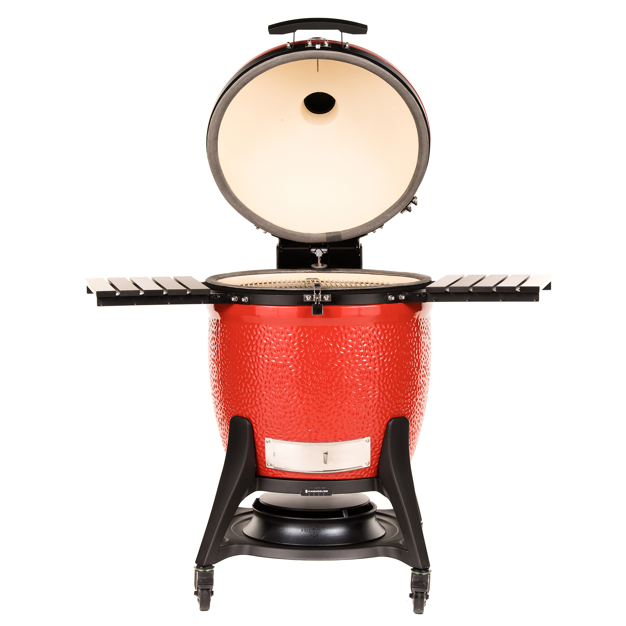Keramikgrill in Rot mit Seitentischen und offenem Deckel – vielseitiger Kamado-Grill für Garten und Terrasse Roter Kamado-Keramikgrill mit geöffnetem Deckel und beidseitigen Ablageflächen auf schwarzem Gestell, ideal zum Grillen und Smoken