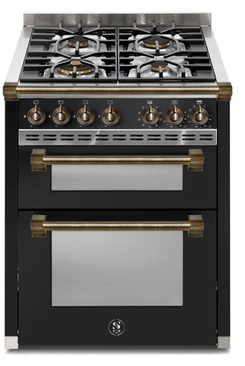 Frontansicht eines modernen freistehenden Gasherds mit fünf Kochfeldern, zwei Backöfen, schwarzen und edelstahlfarbenen Elementen.
