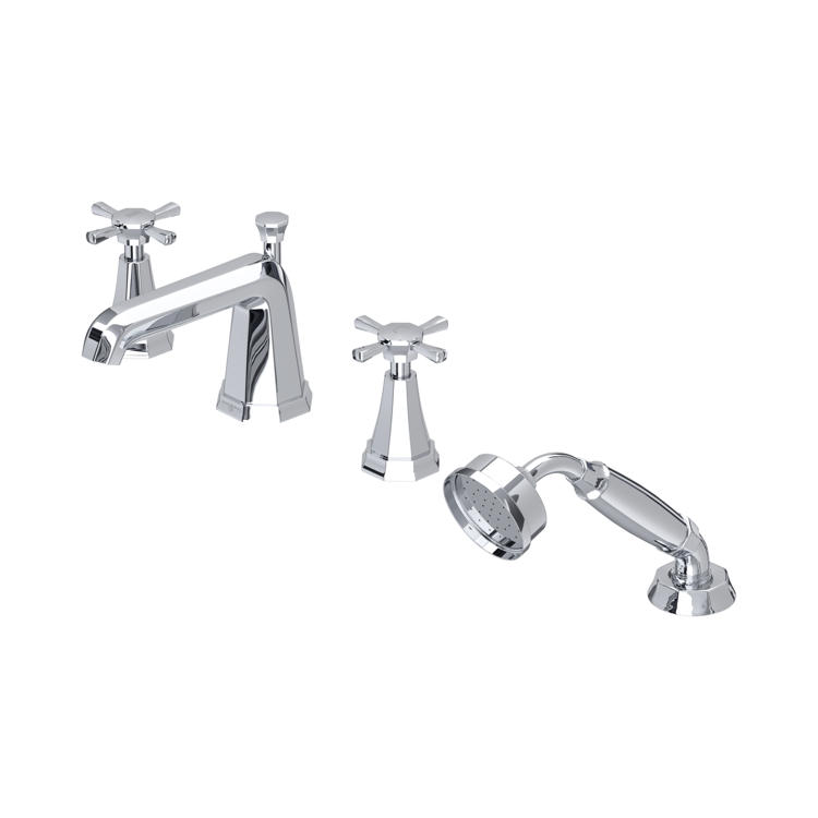 Chrom 4-Loch Wannenarmatur Set: Auslauf mit zwei Kreuzgriffen und abnehmbarer Handbrause im klassischen Design – Badarmatur für Wannenrandmontage