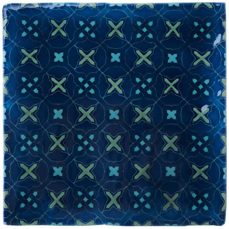 Blaue Keramikfliese mit grünem X-Muster, glänzend 20x20 cm