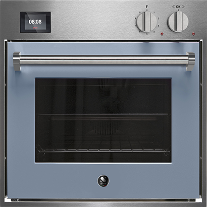 Moderner Einbau-Backofen aus Edelstahl mit digitaler Uhr und zwei Drehknöpfen, Ofentür mit Griff