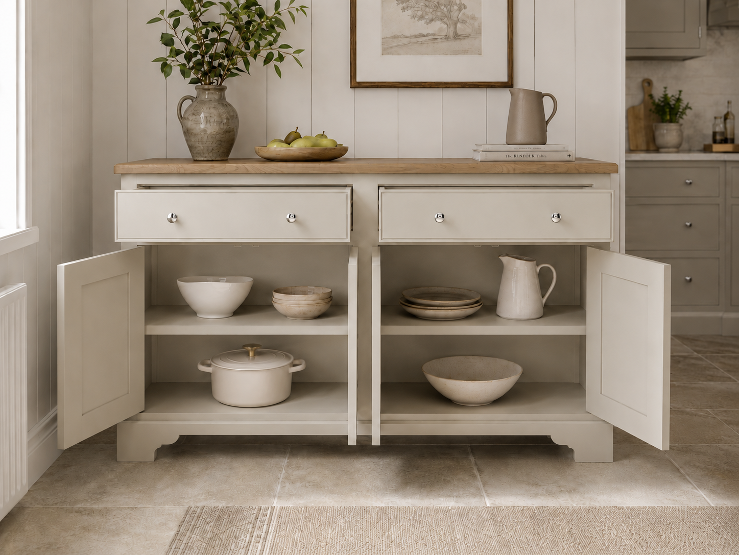 Cremefarbenes Landhaus-Sideboard mit massiver Eichenplatte, zwei Schubladen und zwei Türen; innen Regale mit Keramikgeschirr – stilvolle Küchenanrichte für ordentlichen Stauraum