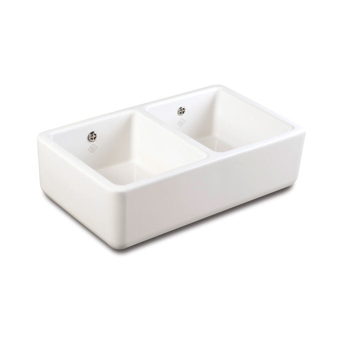 Doppel-Keramikspüle in Weiß, klassisches Design für Küche, robust und pflegeleicht Weiße Doppelspüle aus Keramik mit zwei Becken, ideal für moderne und klassische Küchen