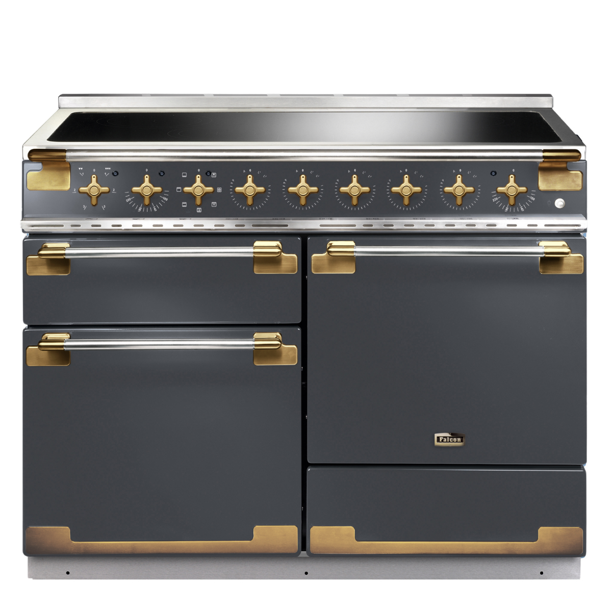 Exklusiver Standherd mit Induktionskochfeld und mehreren Backöfen, edles Design in Schwarz und Gold Eleganter Standherd mit Induktionskochfeld, schwarz-goldenem Design und mehreren Öfen, ideal für moderne Küchen